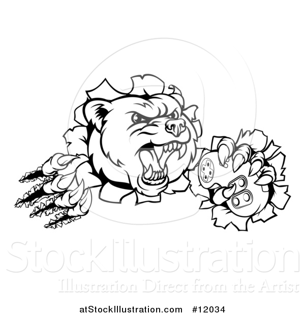 Vector Illustration of a Black and White Mad Grizzly Bear Mascot Breaking Through a Wall and Holding a Video Game Controller