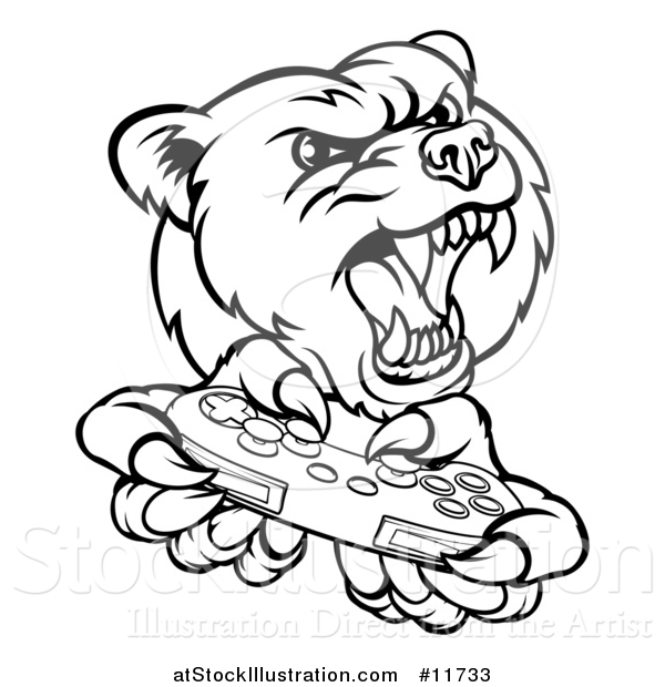 Vector Illustration of a Black and White Mad Grizzly Bear Mascot Holding a Video Game Controller