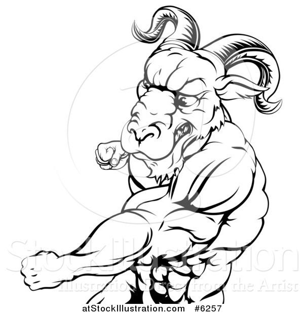 Vector Illustration of a Black and White Mad Muscular Ram Man Punching