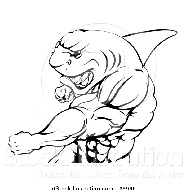 Vector Illustration of a Black and White Mad Muscular Shark Man Mascot Punching