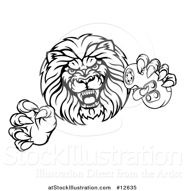 Vector Illustration of a Black and White Male Lion Attacking with a Video Game Controller in One Paw