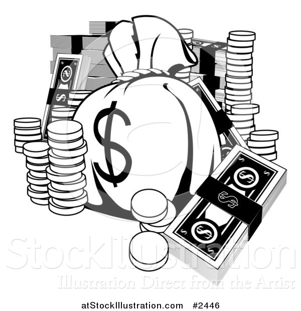 Vector Illustration of a Black and White Money Bag with Cash and Coins