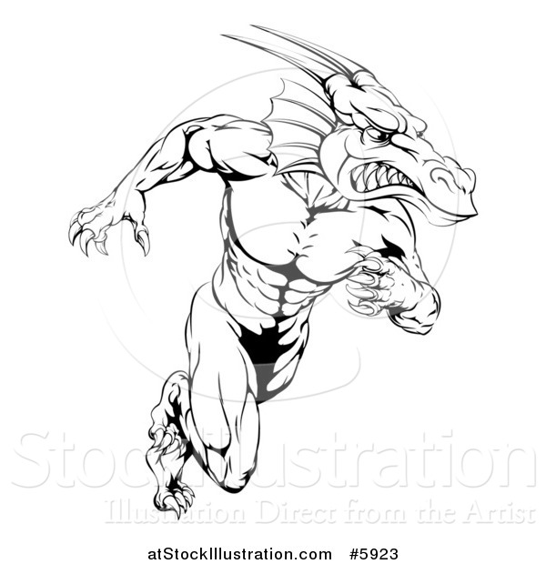 Vector Illustration of a Black and White Muscular Aggressive Dragon Man Mascot Running Upright