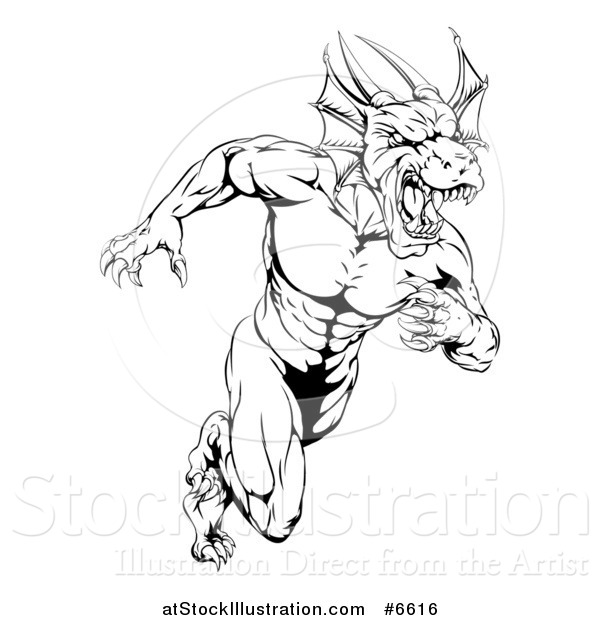 Vector Illustration of a Black and White Muscular Aggressive Dragon Man Mascot Sprinting