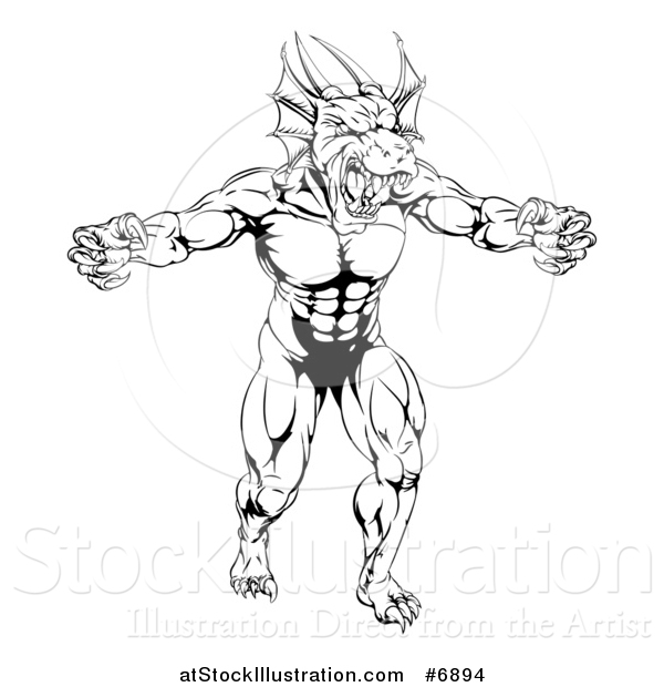 Vector Illustration of a Black and White Muscular Aggressive Dragon Man Mascot Walking Upright