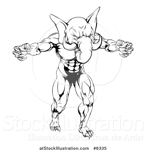 Vector Illustration of a Black and White Muscular Aggressive Elephant Man with Claws Standing Upright