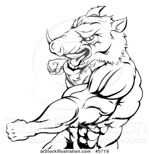 Vector Illustration of a Black and White Muscular Boar Man Punching