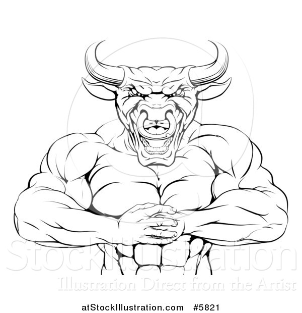 Vector Illustration of a Black and White Muscular Bull Man Gesturing Bring It with His Fists