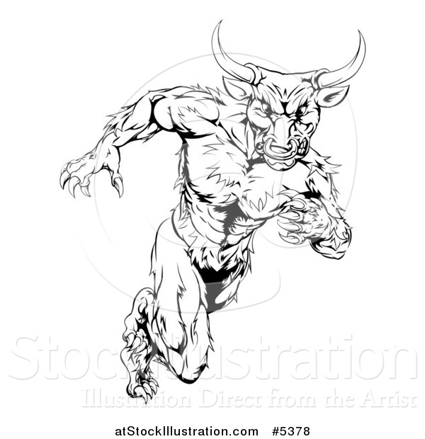 Vector Illustration of a Black and White Muscular Bull Mascot Running