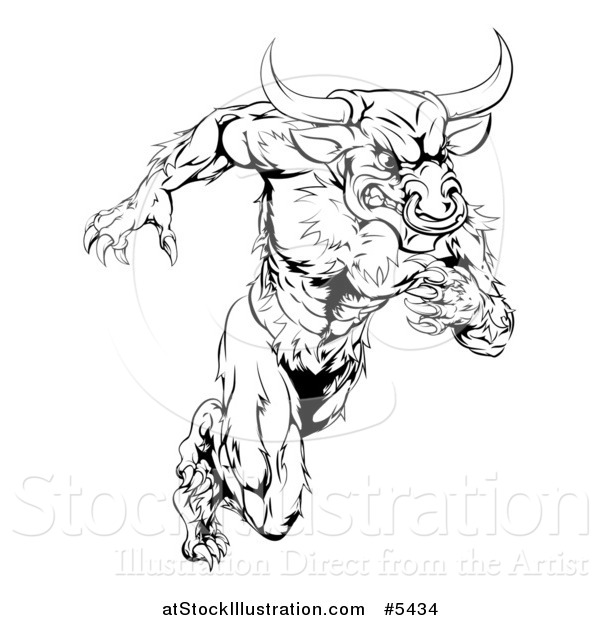 Vector Illustration of a Black and White Muscular Bull Mascot Running Upright