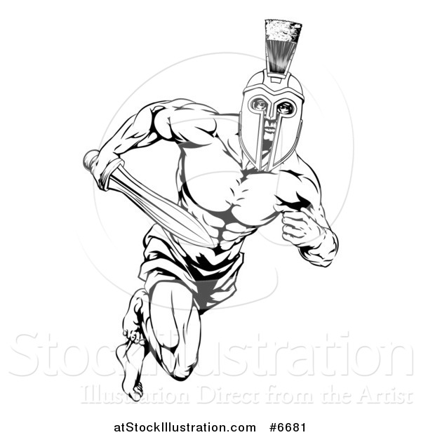 Vector Illustration of a Black and White Muscular Gladiator Man in a Helmet Sprinting with a Sword
