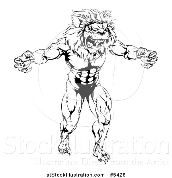 Vector Illustration of a Black and White Muscular Male Lion Mascot