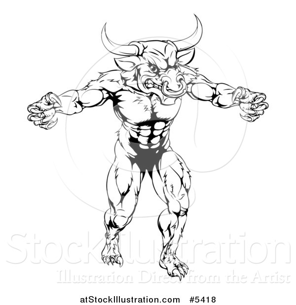 Vector Illustration of a Black and White Muscular Minotaur Mascot