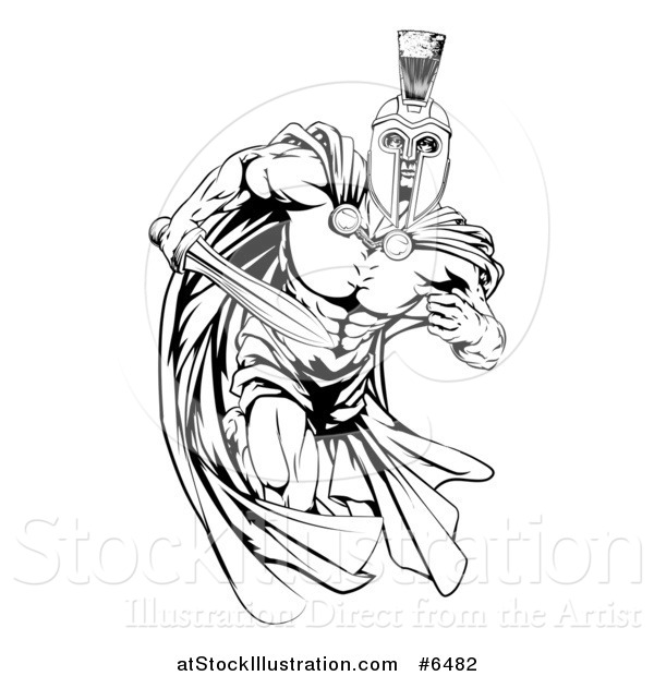 Vector Illustration of a Black and White Muscular Spartan Warrior Man in a Cape, Running with a Sword