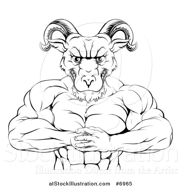 Vector Illustration of a Black and White Muscular Tough Angry Ram Man Punching One Fist into a Palm