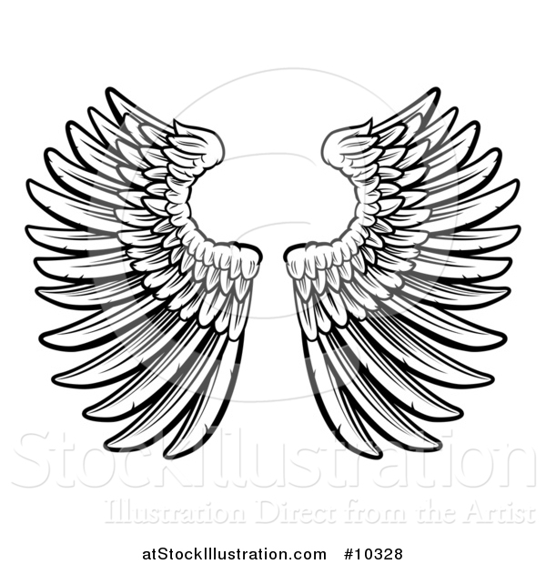 Vector Illustration of a Black and White Pair of Feathered Wings in Woodcut Style