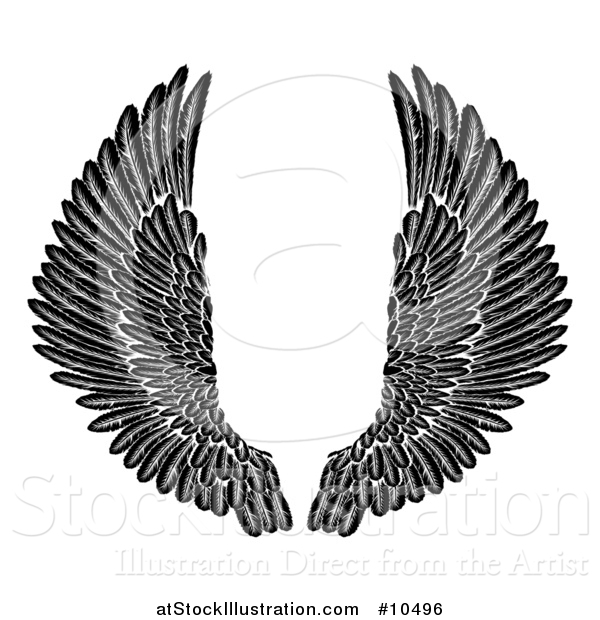 Vector Illustration of a Black and White Pair of Feathered Wings in Woodcut Style