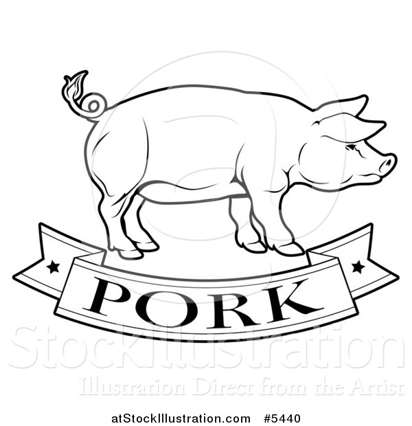 Vector Illustration of a Black and White Pork Food Banner and Pig