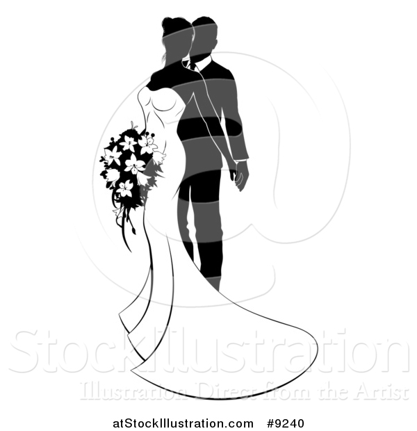 Vector Illustration of a Black and White Posing Bride and Groom
