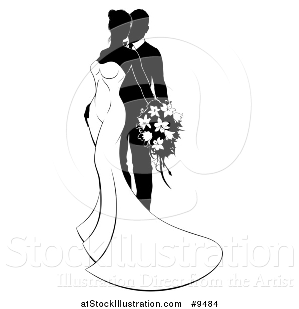 Vector Illustration of a Black and White Posing Bride and Groom
