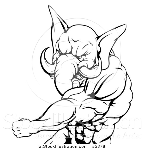 Vector Illustration of a Black and White Punching Muscular Elephant Man Mascot