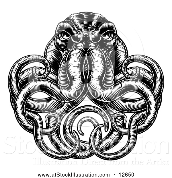 Vector Illustration of a Black and White Retro Woodcut Angry Octopus