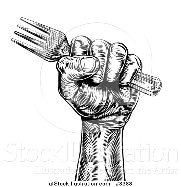 Vector Illustration of a Black and White Retro Woodcut Fisted Hand Holding a Fork