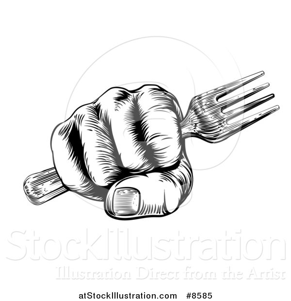 Vector Illustration of a Black and White Retro Woodcut Fisted Hand Holding a Fork