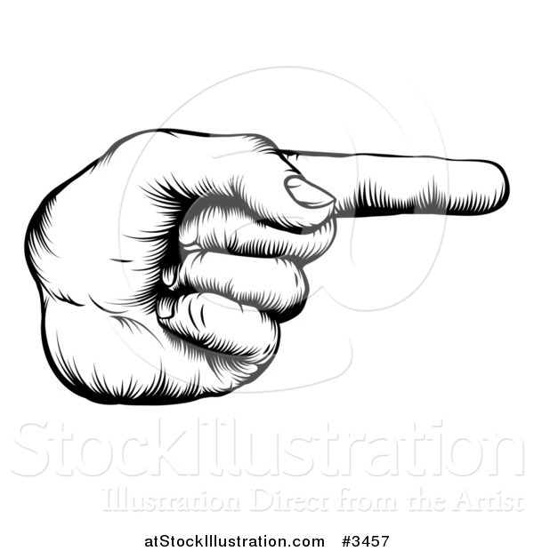 Vector Illustration of a Black and White Retro Woodcut Hand Pointing a Finger