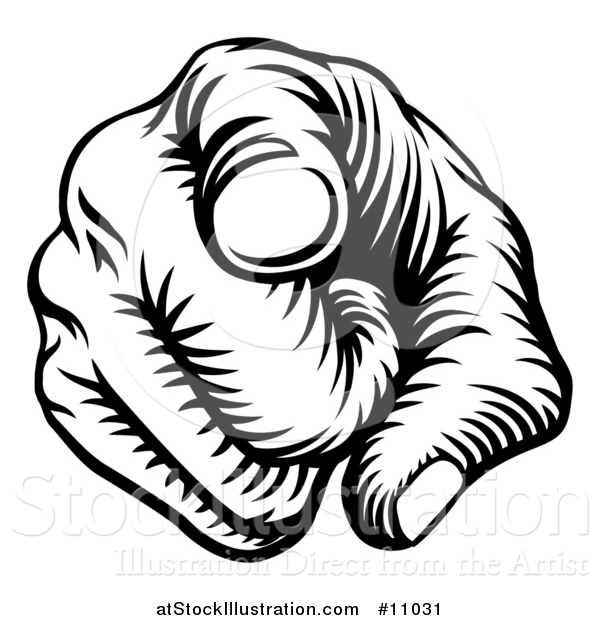 Vector Illustration of a Black and White Retro Woodcut Hand Pointing Outwards