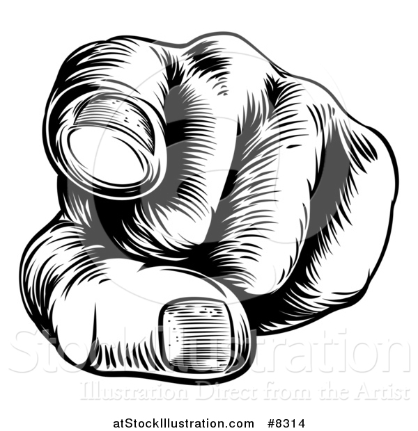 Vector Illustration of a Black and White Retro Woodcut Hand Pointing Outwards
