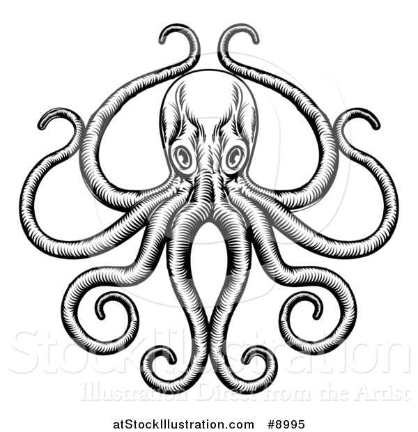 Vector Illustration of a Black and White Retro Woodcut Octopus with Its Tentacles in an Ornate Pose