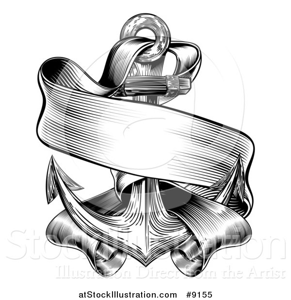 Vector Illustration of a Black and White Retro Woodcut or Engraved Anchor and Ribbon Banner