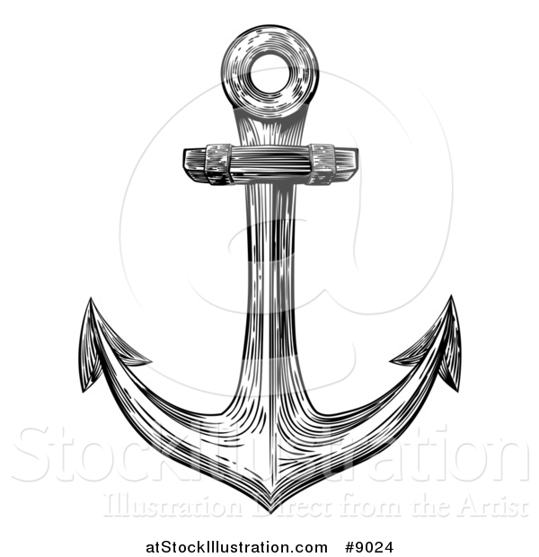 Vector Illustration of a Black and White Retro Woodcut or Engraved Anchor