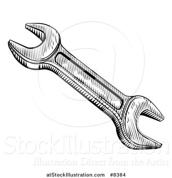 Vector Illustration of a Black and White Retro Woodcut Spanner Wrench