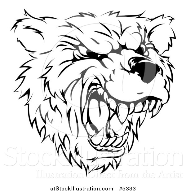 Vector Illustration of a Black and White Roaring Aggressive Bear Mascot Head