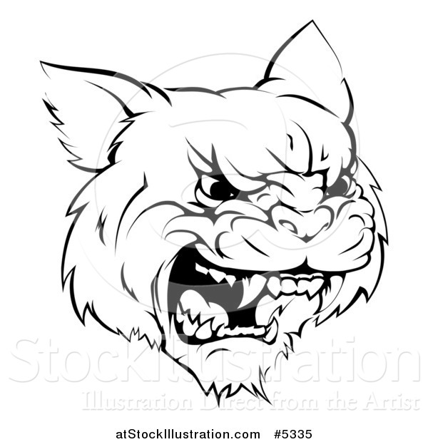 Vector Illustration of a Black and White Roaring Aggressive Bobcat Mascot Head