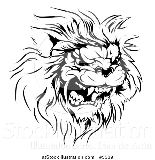 Vector Illustration of a Black and White Roaring Aggressive Lion Mascot Head