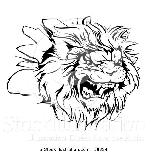 Vector Illustration of a Black and White Roaring Angry Lion Head Breaking Through a Wall