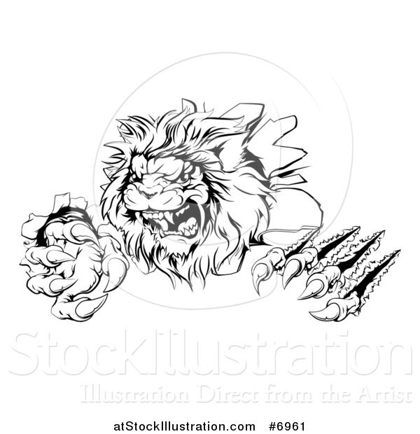 Vector Illustration of a Black and White Roaring Lion Mascot Shredding Through a Wall