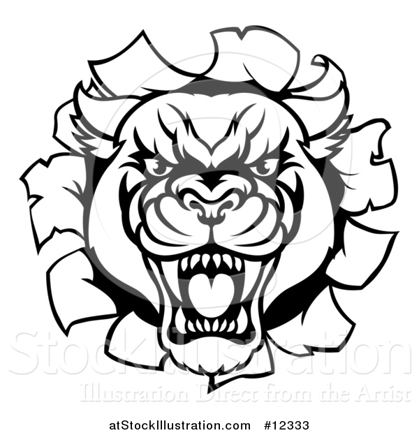 Vector Illustration of a Black and White Roaring Panther Mascot Breaking Through a Wall