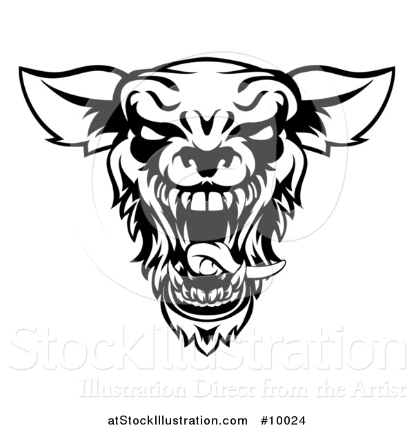 Vector Illustration of a Black and White Roaring Werewolf Head