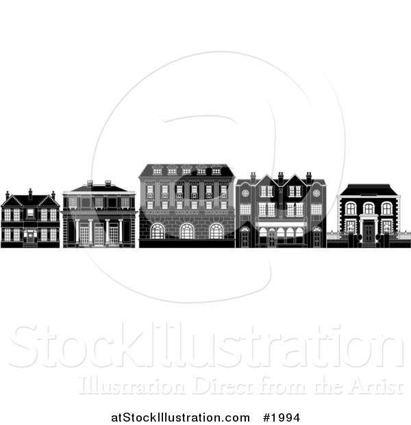 Vector Illustration of a Black and White Row of Edwardian, Victorian and Georgian House and Building Facades