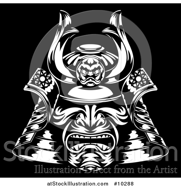 Vector Illustration of a Black and White Samurai Mask on Black