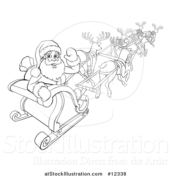 Vector Illustration of a Black and White Santa Waving While Flying with Reindeer in His Sleigh