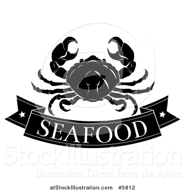 Vector Illustration of a Black and White Seafood Banner and Crab
