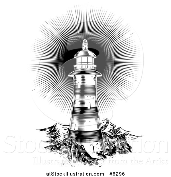 Vector Illustration of a Black and White Shining Engraved Lighthouse