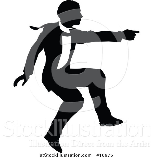 Vector Illustration of a Black and White Silhouetted Business Man Jumping and Pointing