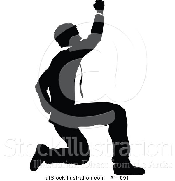 Vector Illustration of a Black and White Silhouetted Business Man Kneeling and Cheering