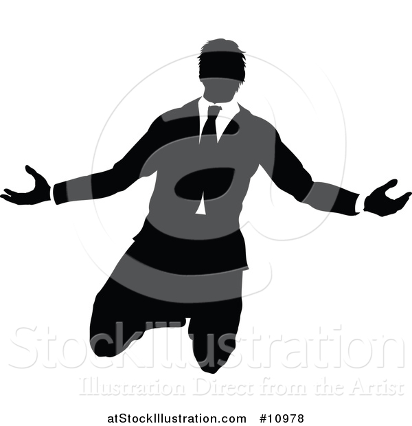 Vector Illustration of a Black and White Silhouetted Business Man Kneeling and Worshipping